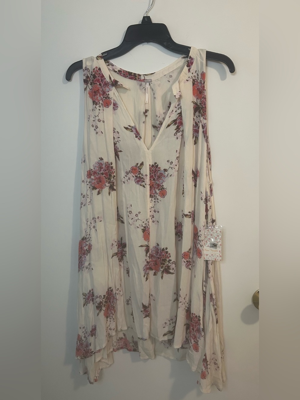 Free People S Cream Floral Asymmetrical Sleeveless Dress with Pink and Red Rose